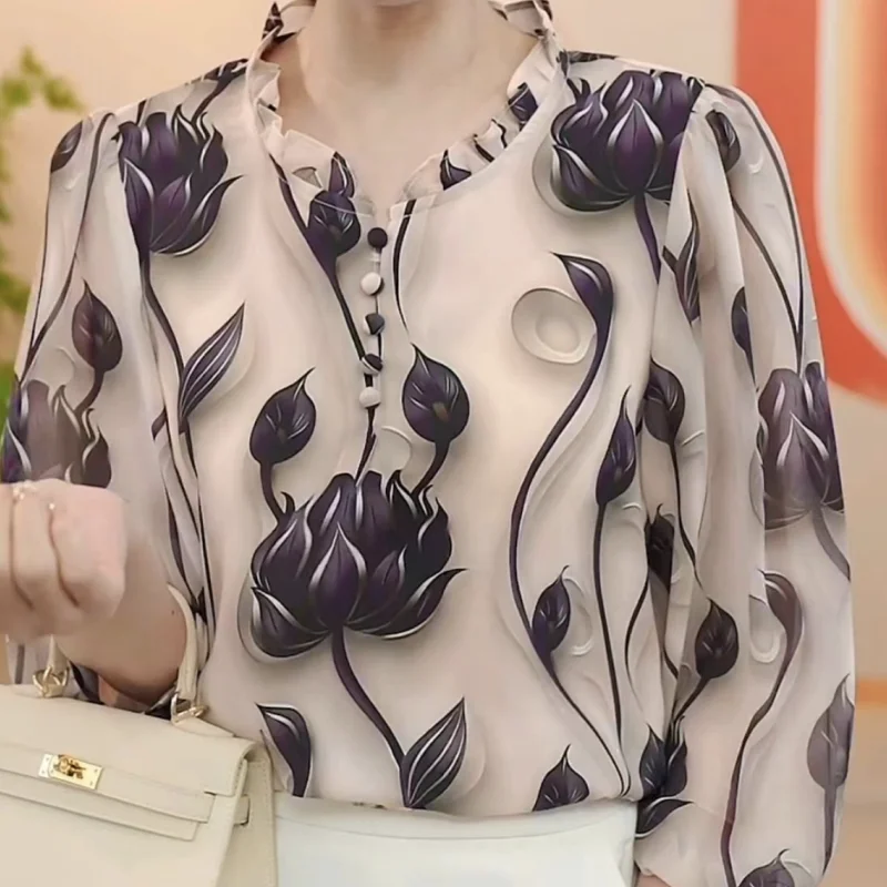 Camicia in Chiffon mamma alla moda di nuovo stile autunnale con stile occidentale sciolto e snellente che riduce l'età delle donne con maniche a sette centesimi