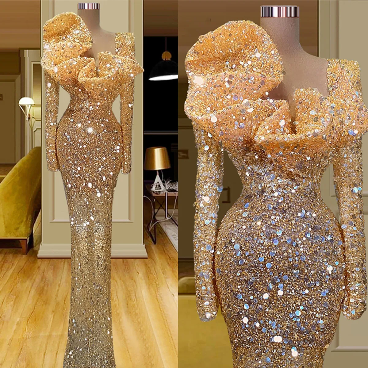 Arabisch Mermaid Prom Kleider Sparkly Pailletten Long Sleeves Abend Formale Partei Zweite Empfang Geburtstag Engagement Kleider فستان