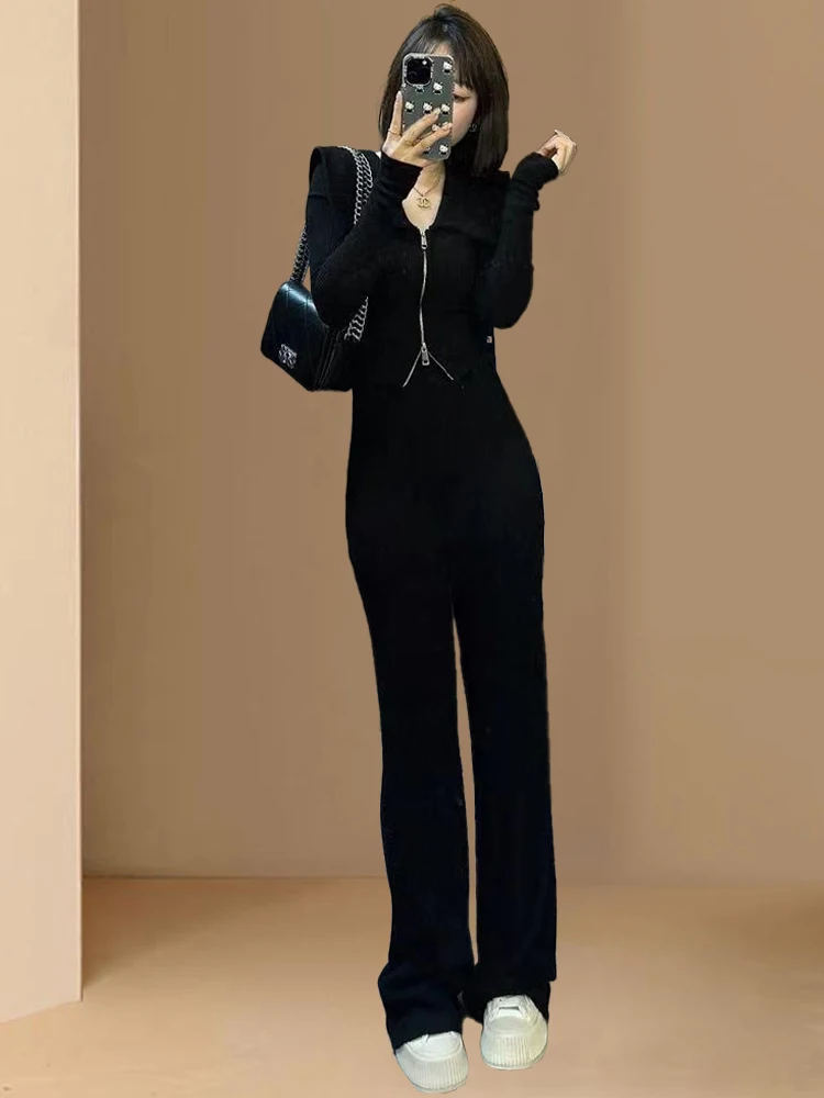 Slim Fit V-Ne Sweatirt Set Women's Faionable Wide Leg Pants Two-Piece Suit Autumn Winter New Arrival Commuter Sle