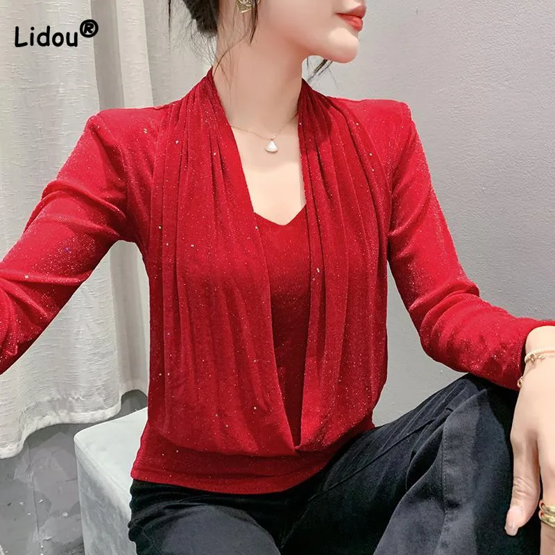 

Women's Fashionable Sexy Solid Color Bright Silk Mesh T-shirt Spring Autumn Fashion Slim V-Neck Patchwork Tops Female Clothing