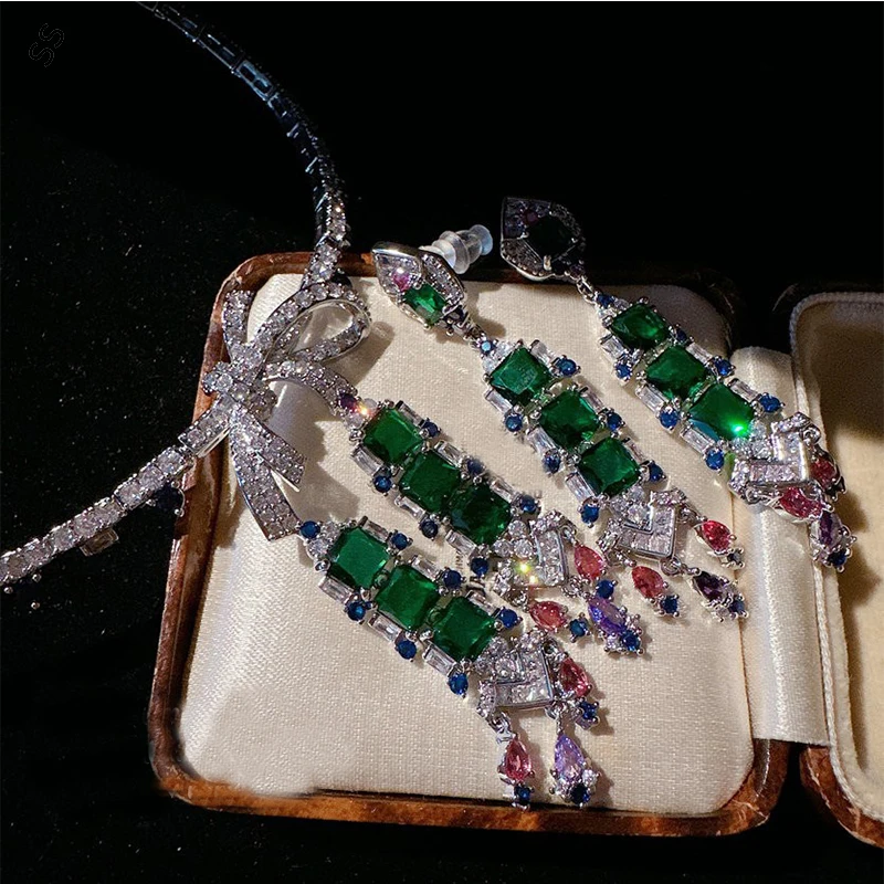 Fashion Light Luxury Emerald Jewel Earring Necklace for Women Dress Jewel Accessory High Quality Metal Inlaid Zircon