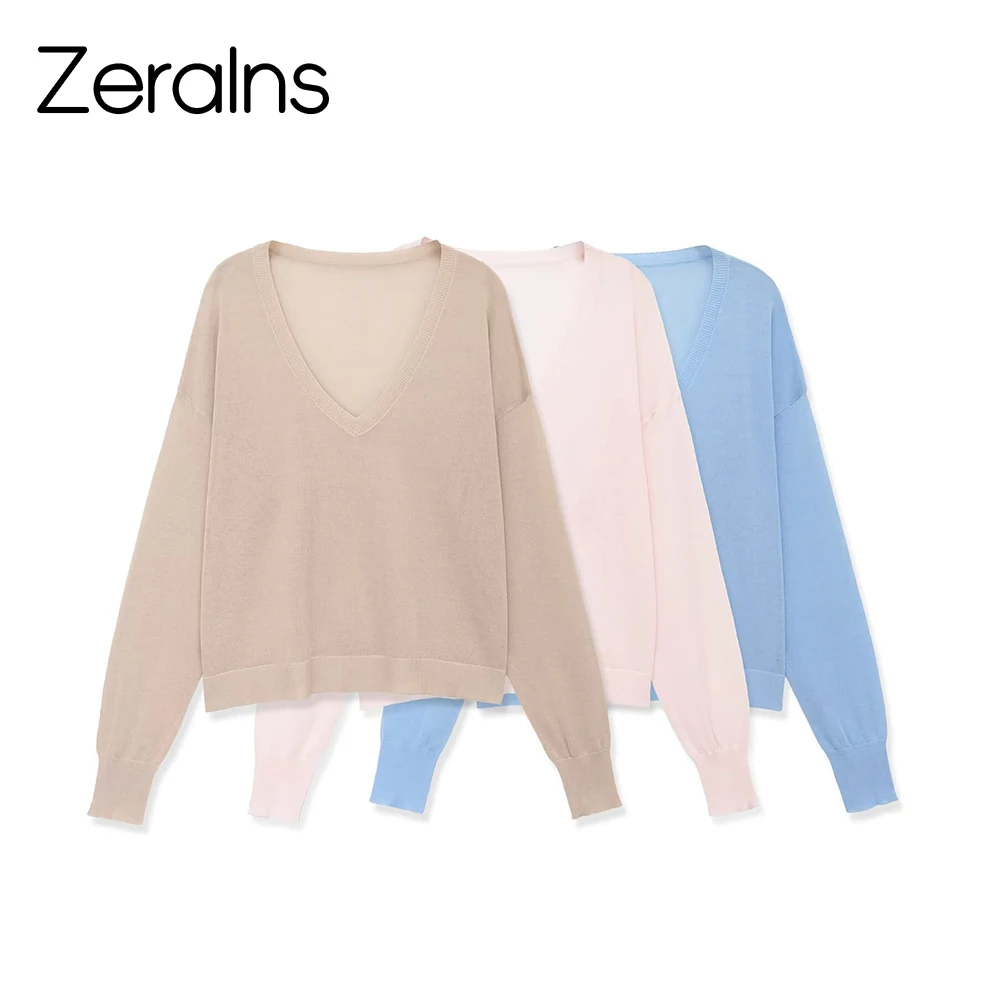 ZERAINS Neuer Damen-Strickpullover mit V-Ausschnitt und lockeren, vielseitigen langen Ärmeln für den Arbeitsweg, einfaches und lässiges Oberteil