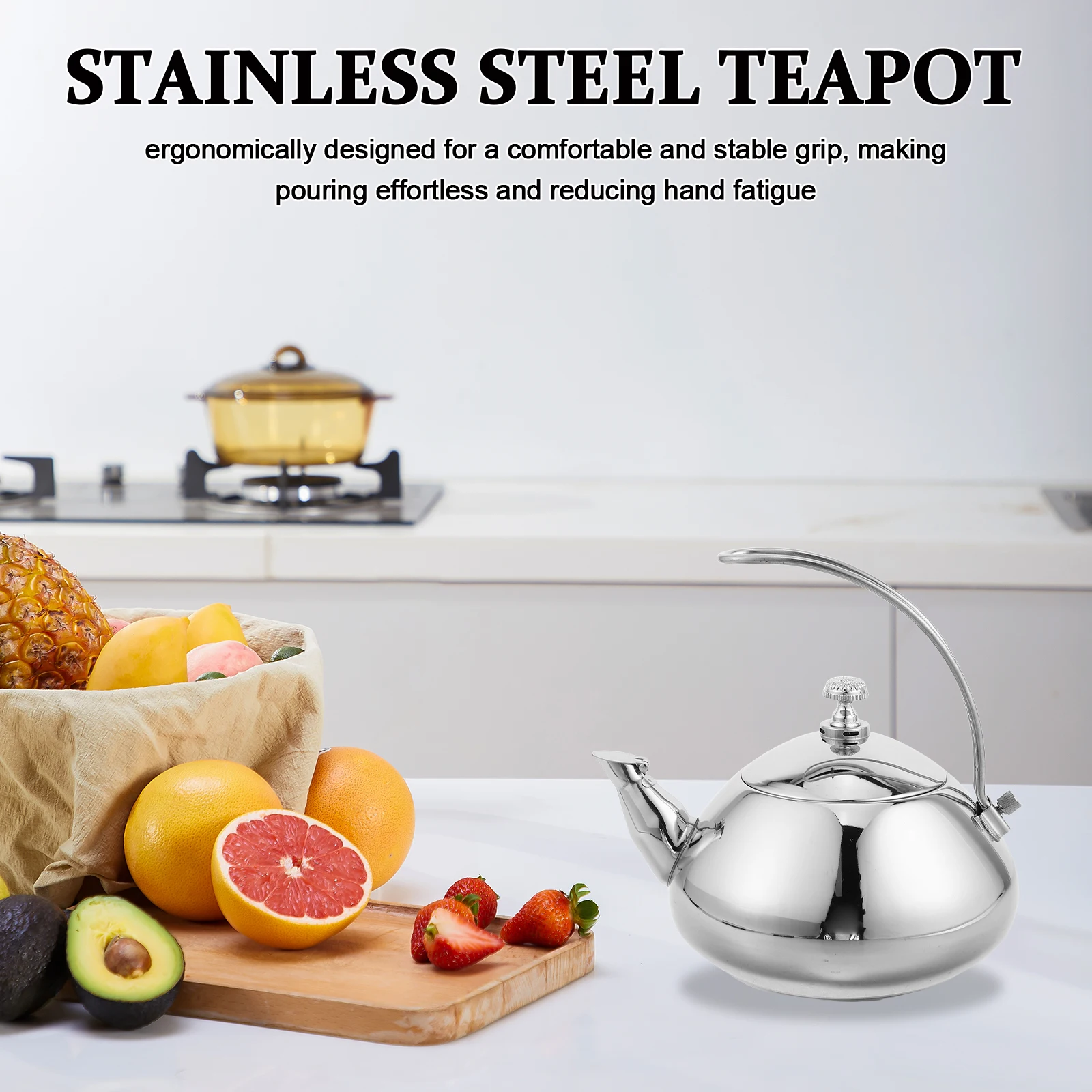

Stainless Steel Tea Kettle 1.5L Ergonomic Handle Induction Compatible Tea Pot Loose Leaf Filter for Home Office