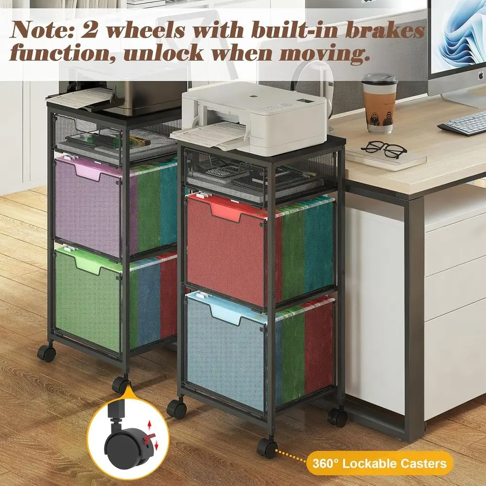 Black Rolling 3-Drawer File Cabinet for Home Office, Lockable, with Hanging Folders and Printer Stand
