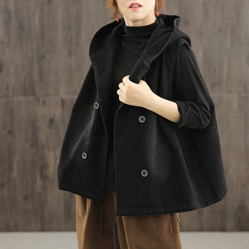 

Loose ort Denim Vest Women's Spring Autumn New Sle Double Row Button Hooded Jaet Outerwear Korean Version Large Size