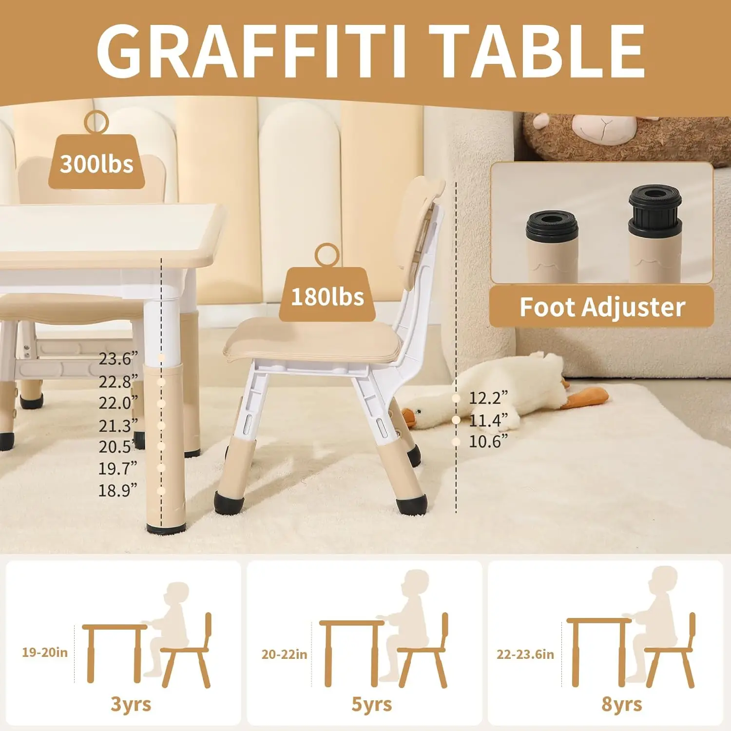 Kids Table and 2 Chairs Set,Height Adjustable Toddler Table and Chairs with Anti-slip Foot Covers,Graffiti Desk for classroom