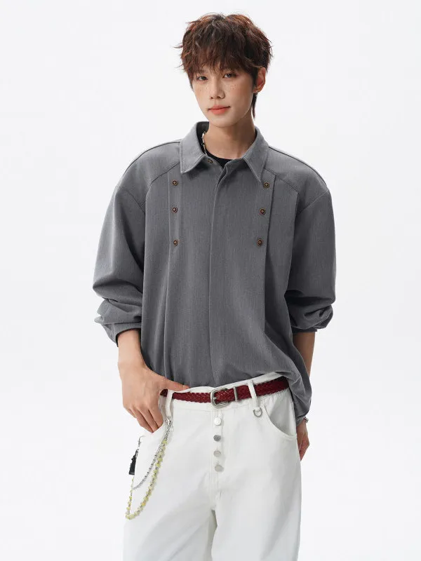 

TANGZ Studio Men's Loose Fit Long Sve irt Casual Sle Metal Button Design Classic Collar Trendy Outerwear Spring Wear