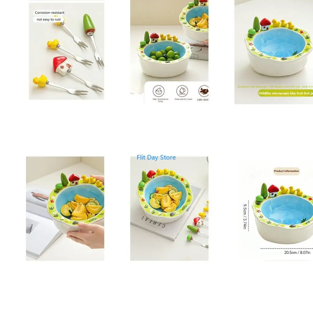 F92C Handmade Farm and Field Ceramic Fruit Plate and Six Stainless Steel Forks Bowl Novel Tableware Gifts