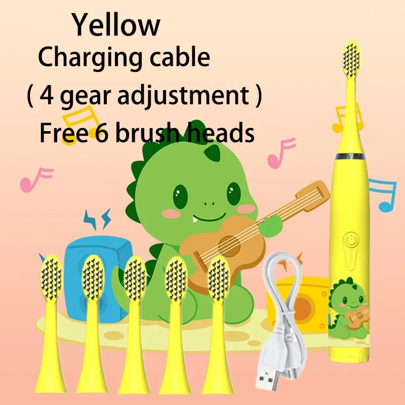 Cepillo de dientes eléctrico sónico para niños IPX7 resistente al agua con cabezales de repuesto cepillo de dibujos animados colorido recargable automático para niños
