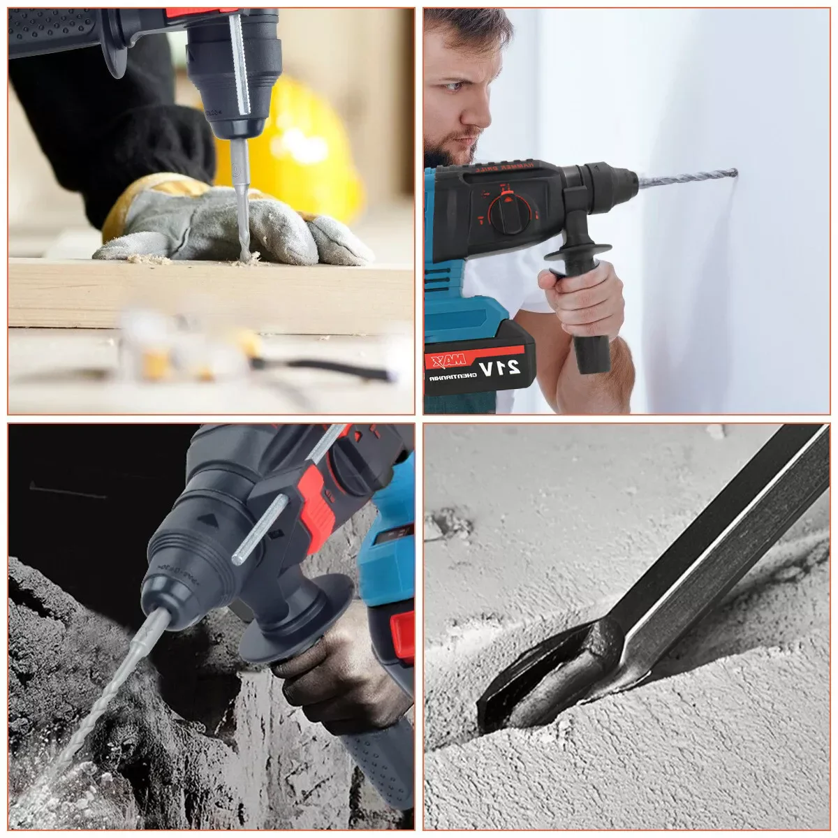 3000W Electric Rotary Cordless Hammer Drill 360° Rotating Handle SDS Chisel Set