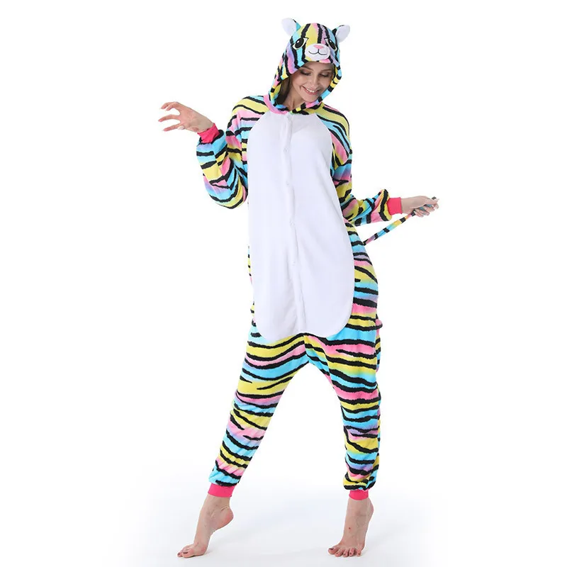 Colorful Striped Cat One-piece Jumpsuit Animal Hooded Pajamas Casual Loungewear Autumn Winter Cosplay Homewear for Adult Kids