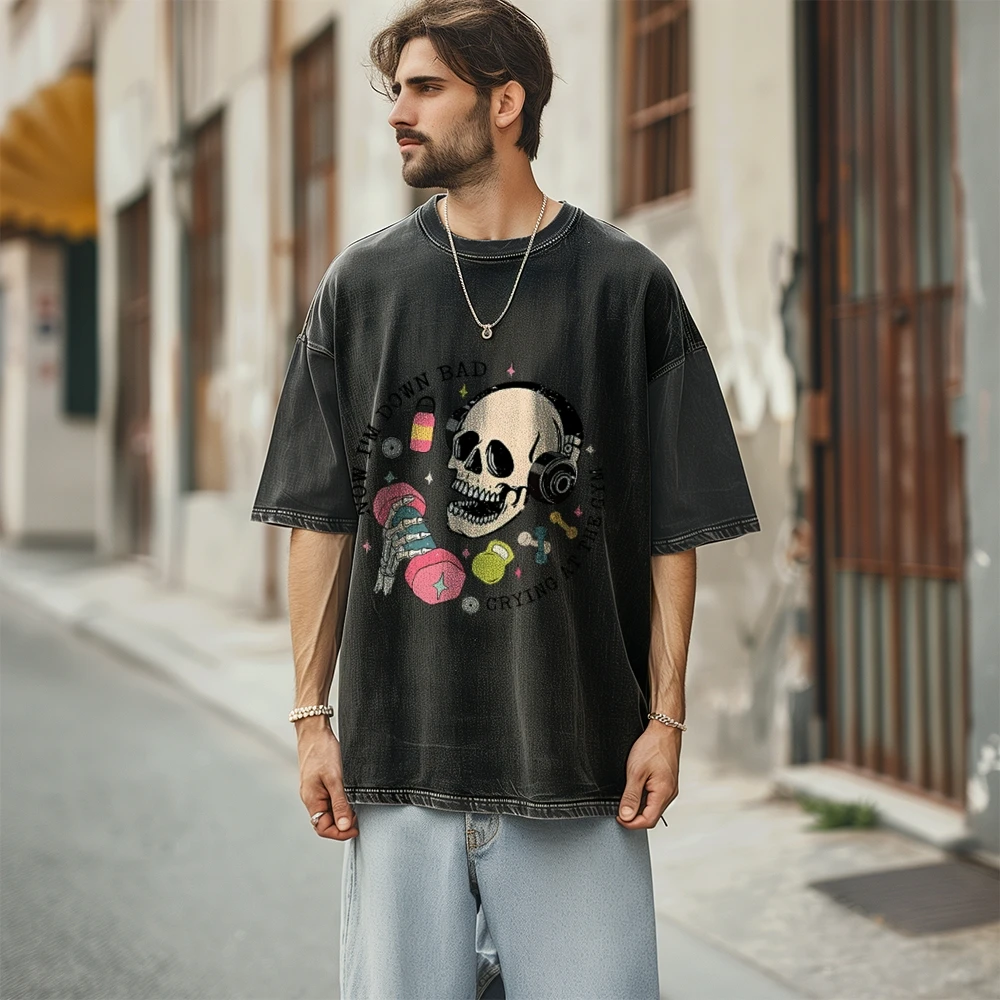 Skull Print HighStreet Trend Portrait Print Short Sleeve T-shirt for Men Y2k Harajuku Hip Hop Casual Loose Shirt Unisex