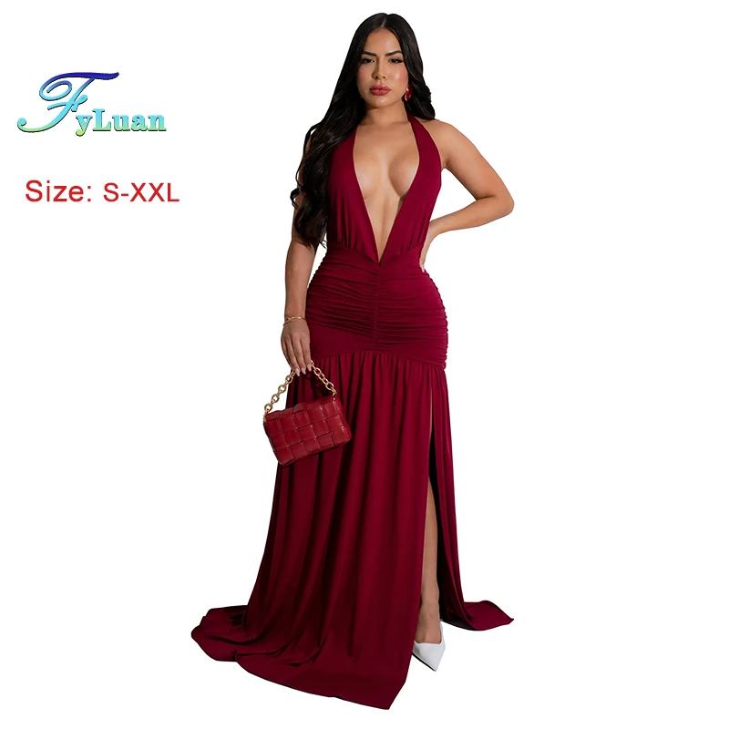 الدانتيل يصل العميق الخامس الرقبة المرأة معلقة الرقبة تنورة بلون قبالة الكتف عارية الذراعين Ruched فستان صيفي حفل زفاف مساء الملابس #3