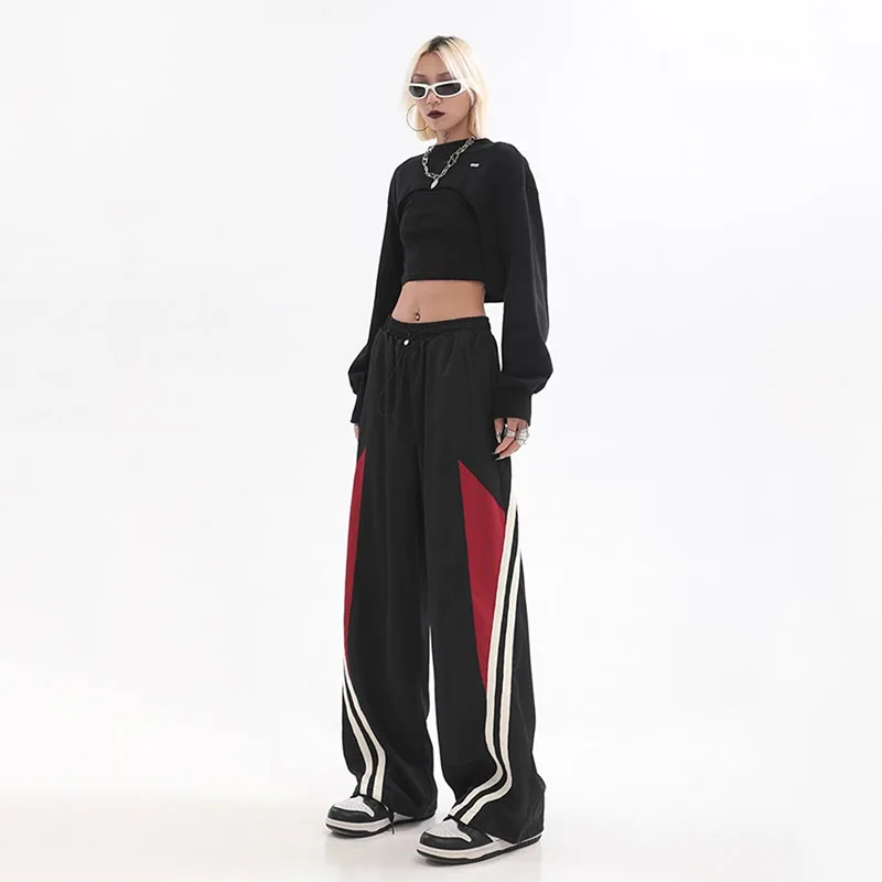 Vintage Harajuku Hip Hop Striped Jogging Sweatpants Women Contrast Color Elastic Waist Loose Streetwear Casual Sports Trousers