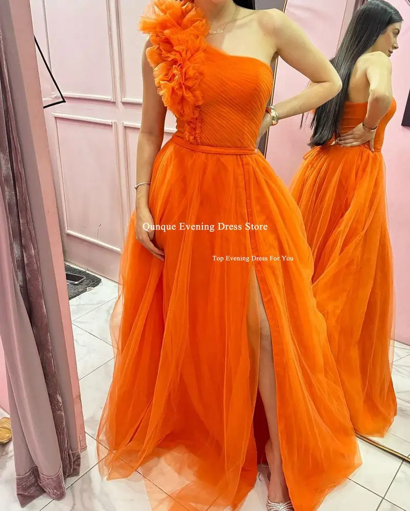 Qunque Customized Orange Prom Dresses One Shoulder Tulle Pleat Ruffles Party Gowns Sexy Leg Slit A-line Abendkleid Formal Gowns