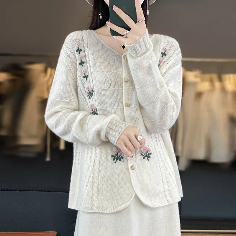 Women Cardigans 100% Cashmere And Wool Knitted Jackets 2023 Winter Warm Soft Long Sleeve Female Sweaters 3Colors Tops NJ01
