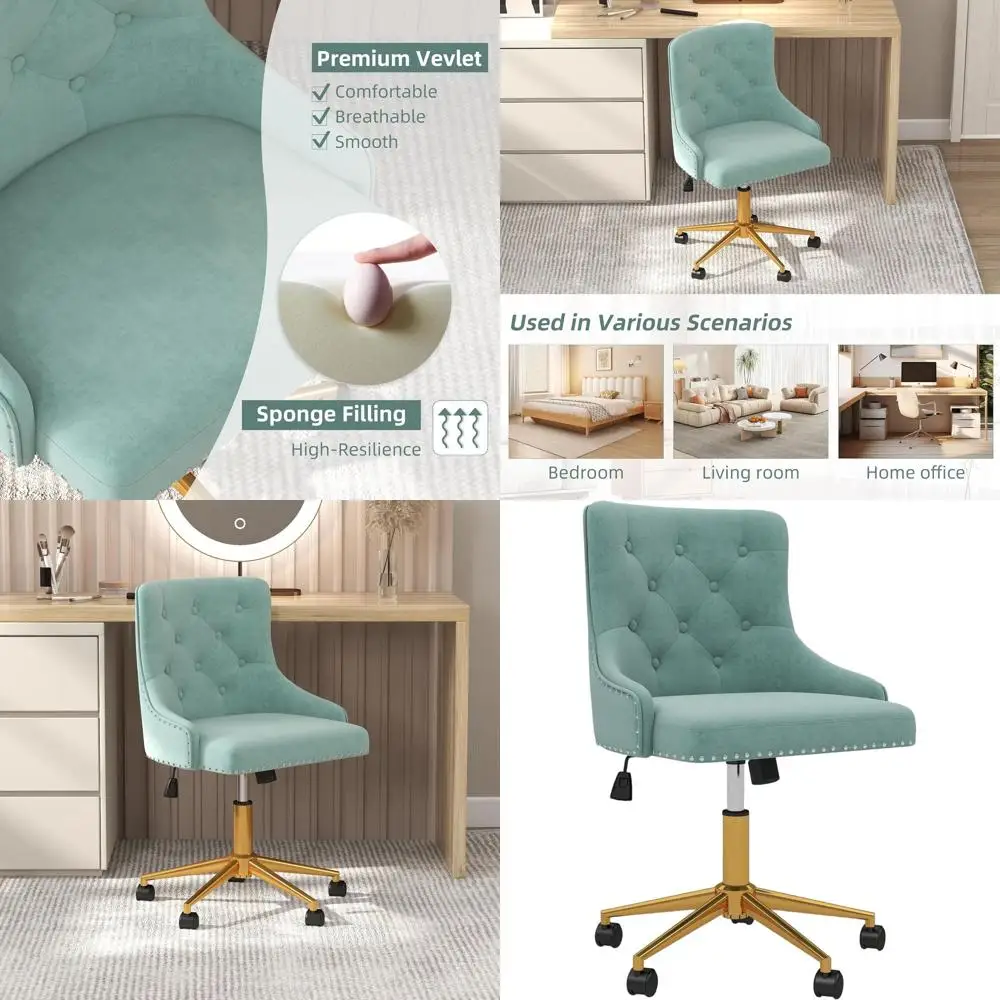 

Мятно-зеленое вращающееся кресло для туалетного столика с обитой стеганой спинкой, регулируемой высотой, золотым основанием и колесиками для макияжного стола