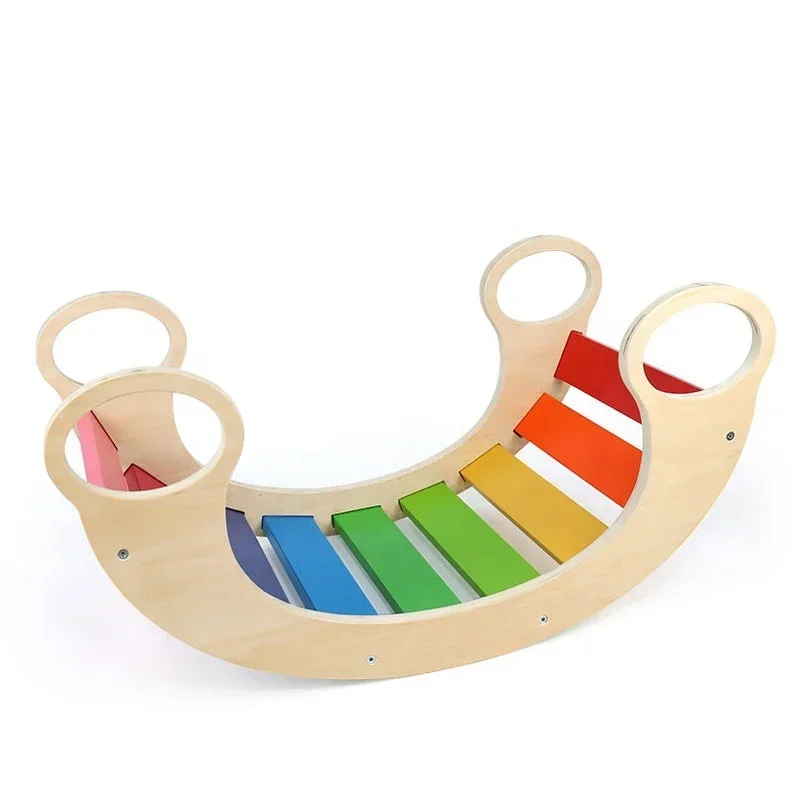 Wood Waldorf Arch Rainbow Rocking Chair Balance Board Rocker Preschool Gym Equipment Montessori Climbing Educational Wooden Toy