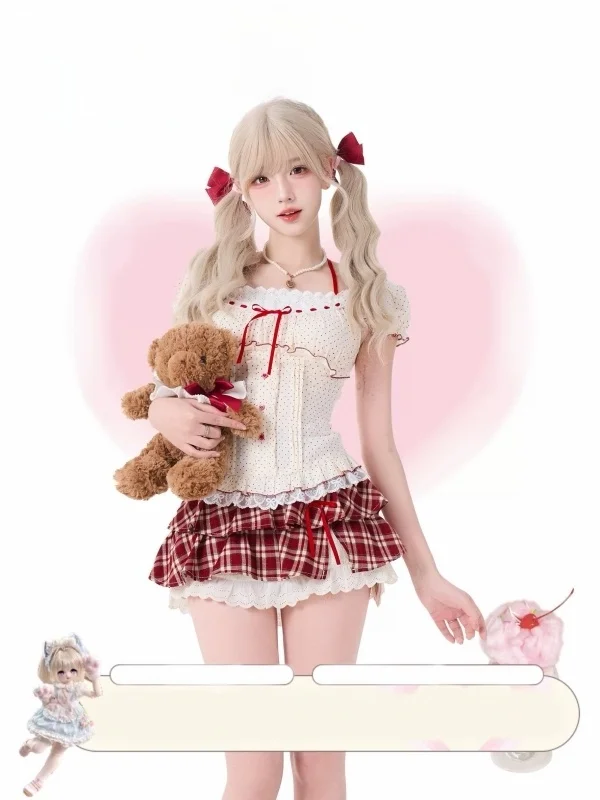 

Sweet Design Strawberry Girl Spots Short Sleeve Top And Plaid Skirt Two-Piece Set Women's Fashion Spring Summer Outfit