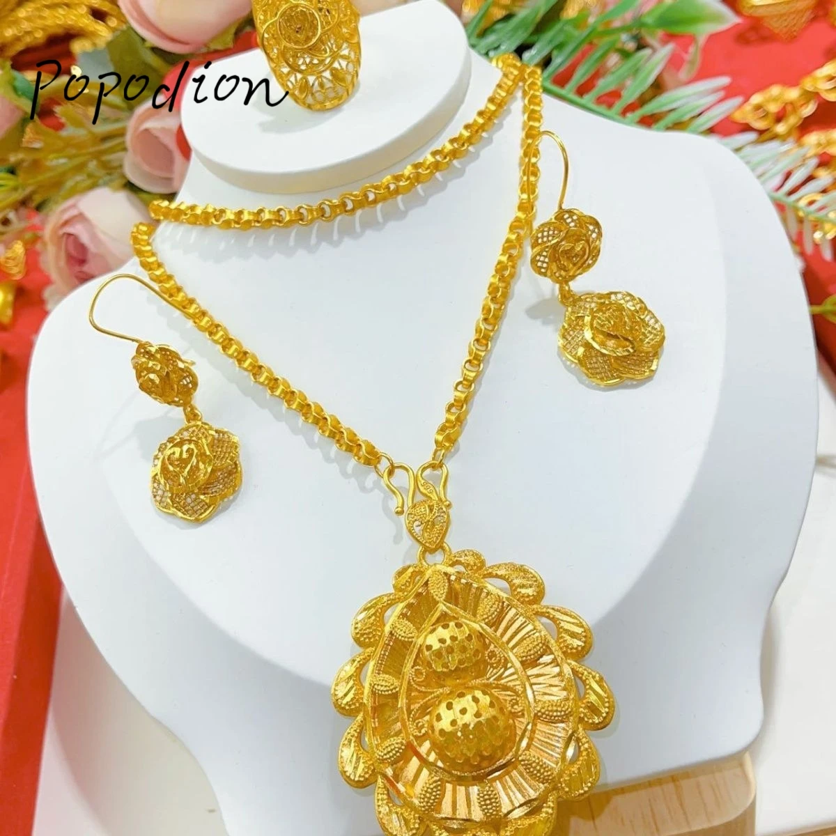 Popodion  jewelry for woman New 24K Gold Plated Dubai Necklace Earrings Ring Jewelry Three Piece Set YY10307