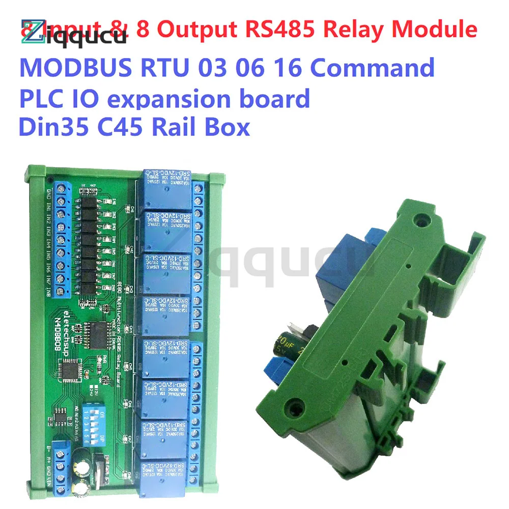 DC 12V 24V 8 Isolated Input & 8 Output DIN35 C45 Rail Box UART RS485 Relay Module Modbus RTU Control Switch Board