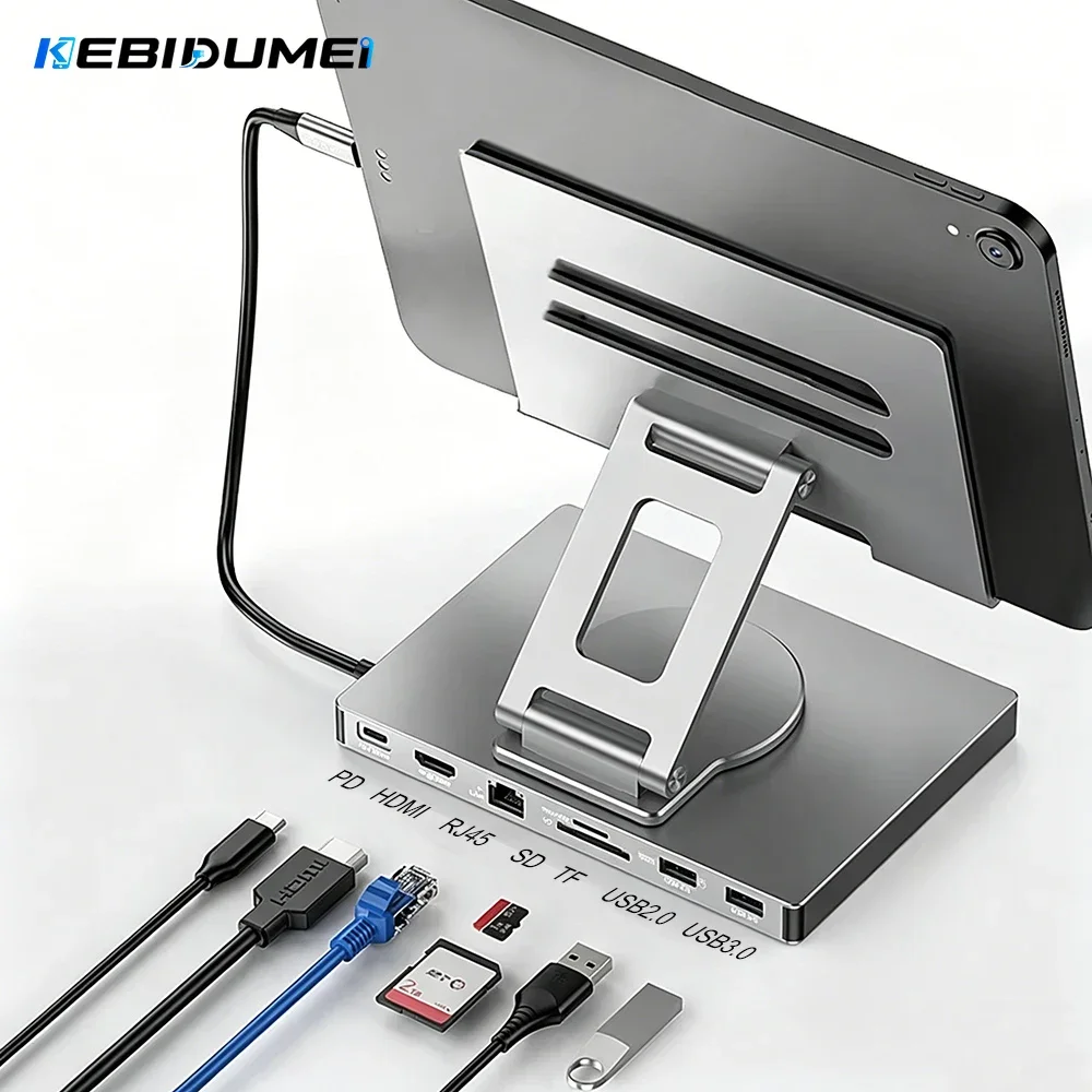 KEBIDUMEI Rotable Tablet Bracket Docking Station 7 Ports USB C HUB USB 3.0 HUB Type C to HDMI 4K30Hz RJ45 100Mbps PD100W SD TF