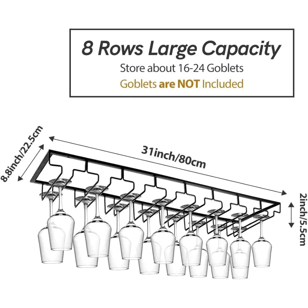 Under Cabinet Wine Glass Rack, 8 Row Metal Stemware Holder for Kitchen Bar Storage with Screws