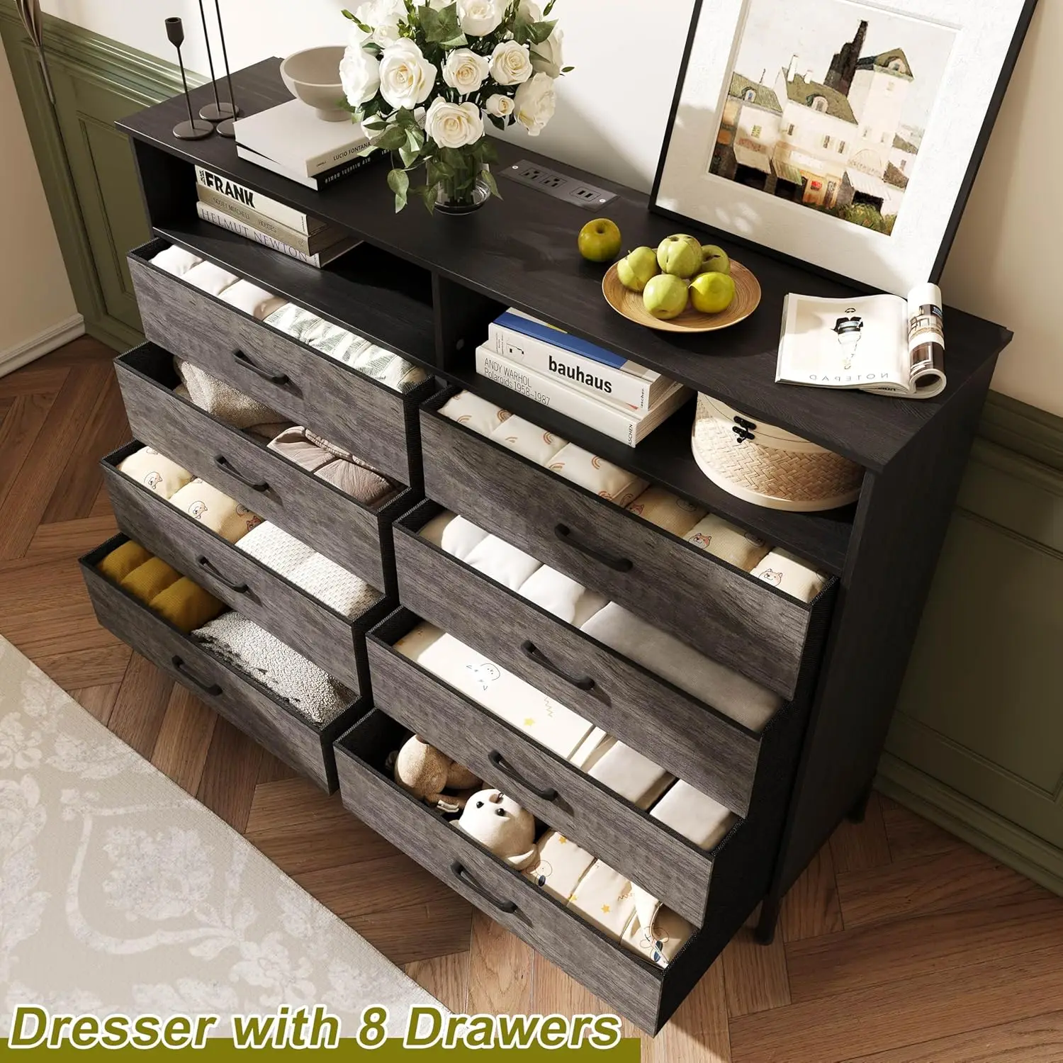 Cômoda para quarto LED com estação de carregamento, alta com 8 cômoda de tecido, para crianças Roo