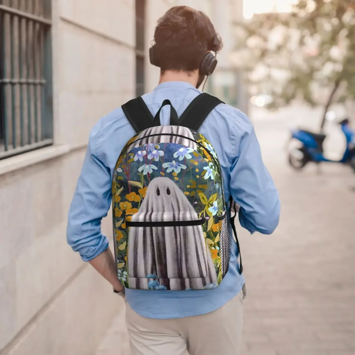Cute Ghost Surrounded By Wild Flowers Student Backpack School Bag Hiking Travel Daypack for Men Women Bookbag Shoulder Bags
