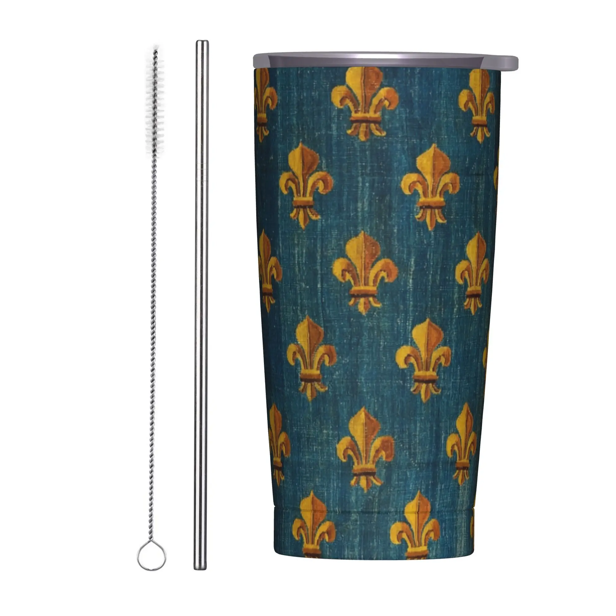 

Gold Fleur De Lys Tumbler Vacuum Insulated Spill Proof Travel Coffee Mugs Tags Water Bottle 20oz