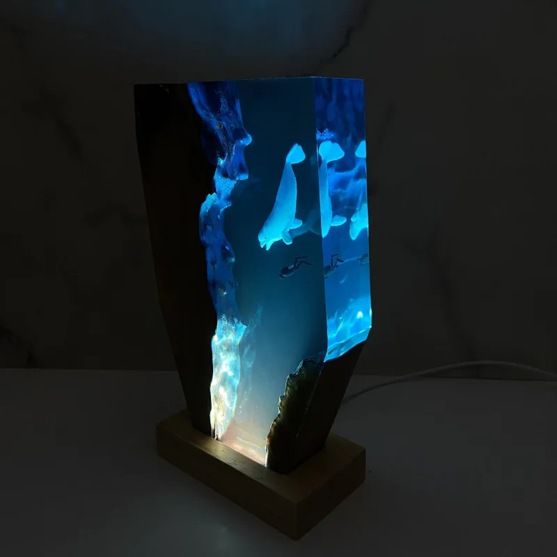 Hammerhead Shark Resin Night Light, Ocean Themed Wood Base Decor, Mood Lamp for Christmas Gift