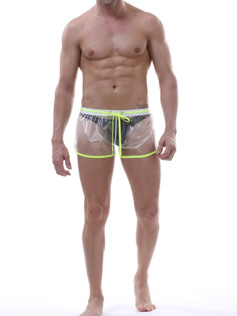 2024 Fashion Sexy Mid Waisted PVC Skin Friendly Drawstring Shorts Men's Ultra Thin Sheer Comfort Breathe Slim Shorts PE2W
