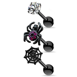 3 pieces Halloween earrings Black Spider/Spider Web/Four claws Zircon tragus cartilage earrings for women, stainless steel