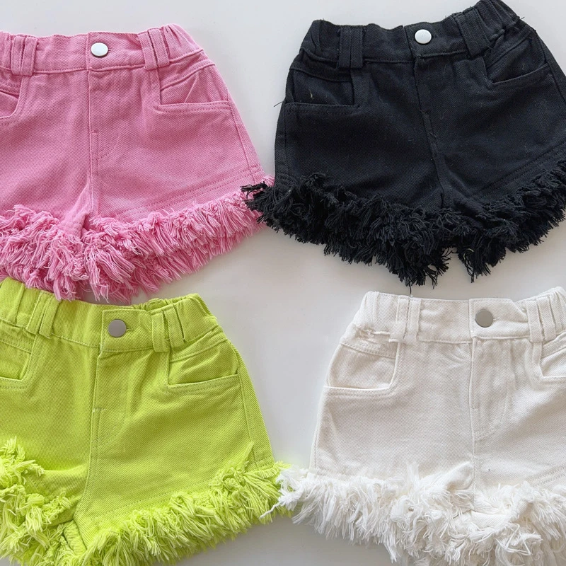 Summer Girls\' Tassel Denim Shorts Korean 2024 New Children\'s High Waist Loose Short Pants Girl Fashion Thin Hotpants