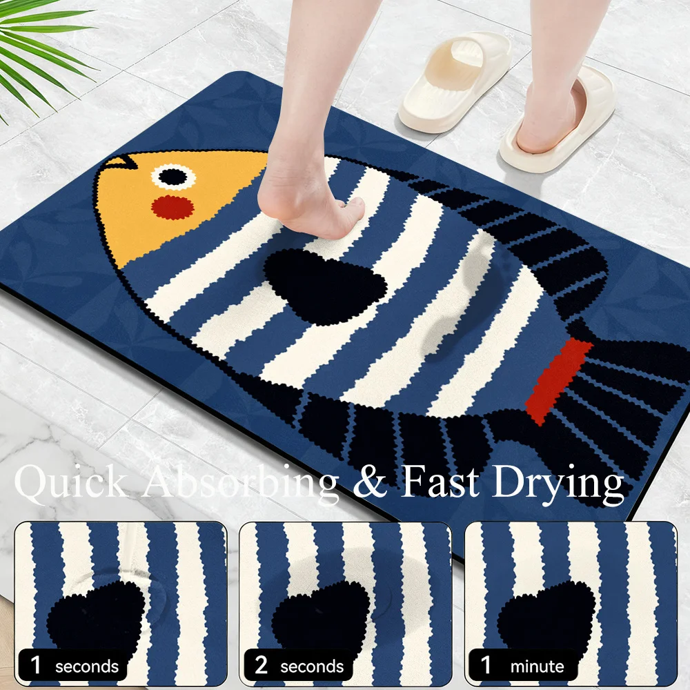 VIKAMA Rectangle Cartoon Striped‑fish Bathroom Doormat Cute Marine Animal Print Soft Nonslip Water‑absorbing Household Floor Mat