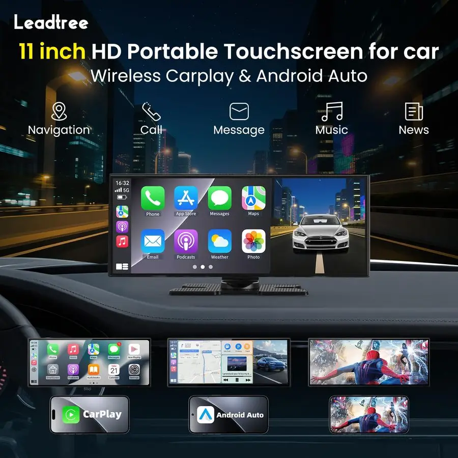 شاشة CarPlay اللاسلكية 11.5 بوصة للسيارة، شاشة Apple CarPlay amp Android Auto HD تعمل باللمس مع كاميرا احتياطية بدقة 4K Dash Cam 1080P Na #2