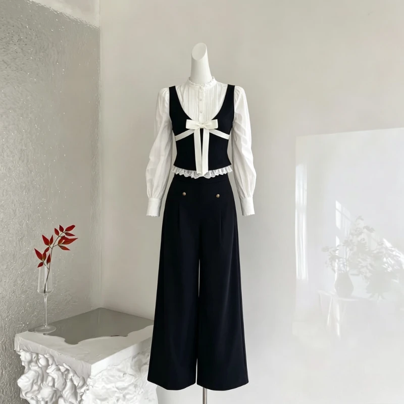 British Elegant Princess 3 Piece Set Women Contrast Bow Decor Long Sleeve Ruffle Shirt Cropped Vest High Waist Wide Leg Pants