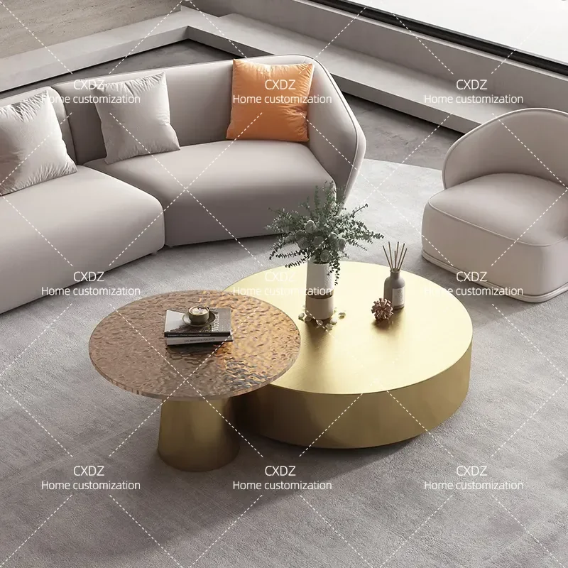 Light Luxury Water Pattern Glass Coffee Table Round Rock Slab Top Modern Living Room Furniture Small Apartment Household