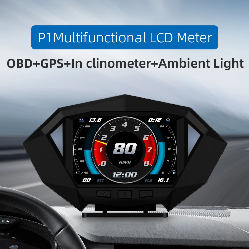 

P1 Car Heads Up Display OBD2 GPS Auto On-Board Computer Security Alarm Water Temp Fuel Consumption HUD Inclinometer