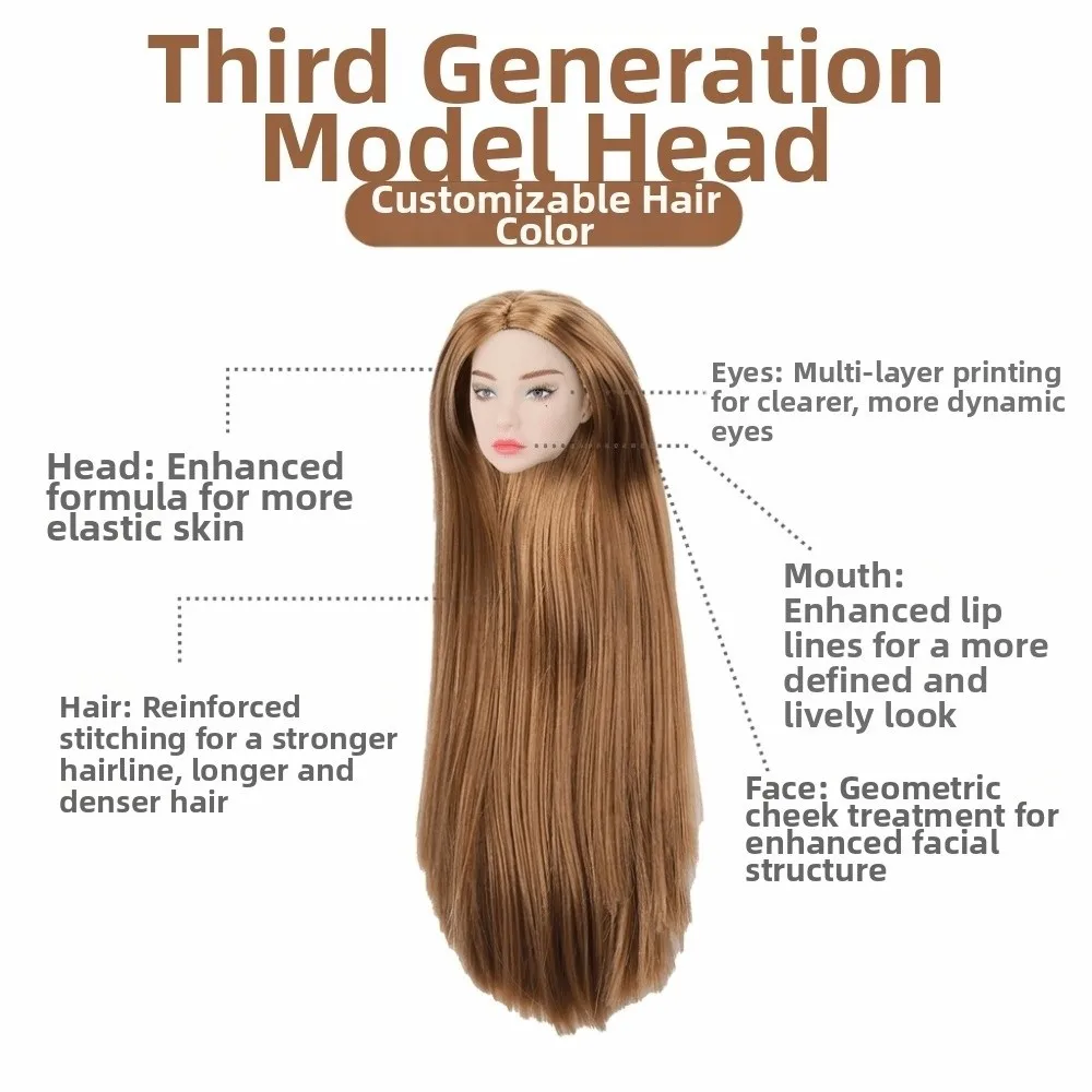European Face Doll Head Long Hair White Normal Tan Skin Practice Makeup Head Fashion Doll Head for 11.5 Inch BJD Doll Body