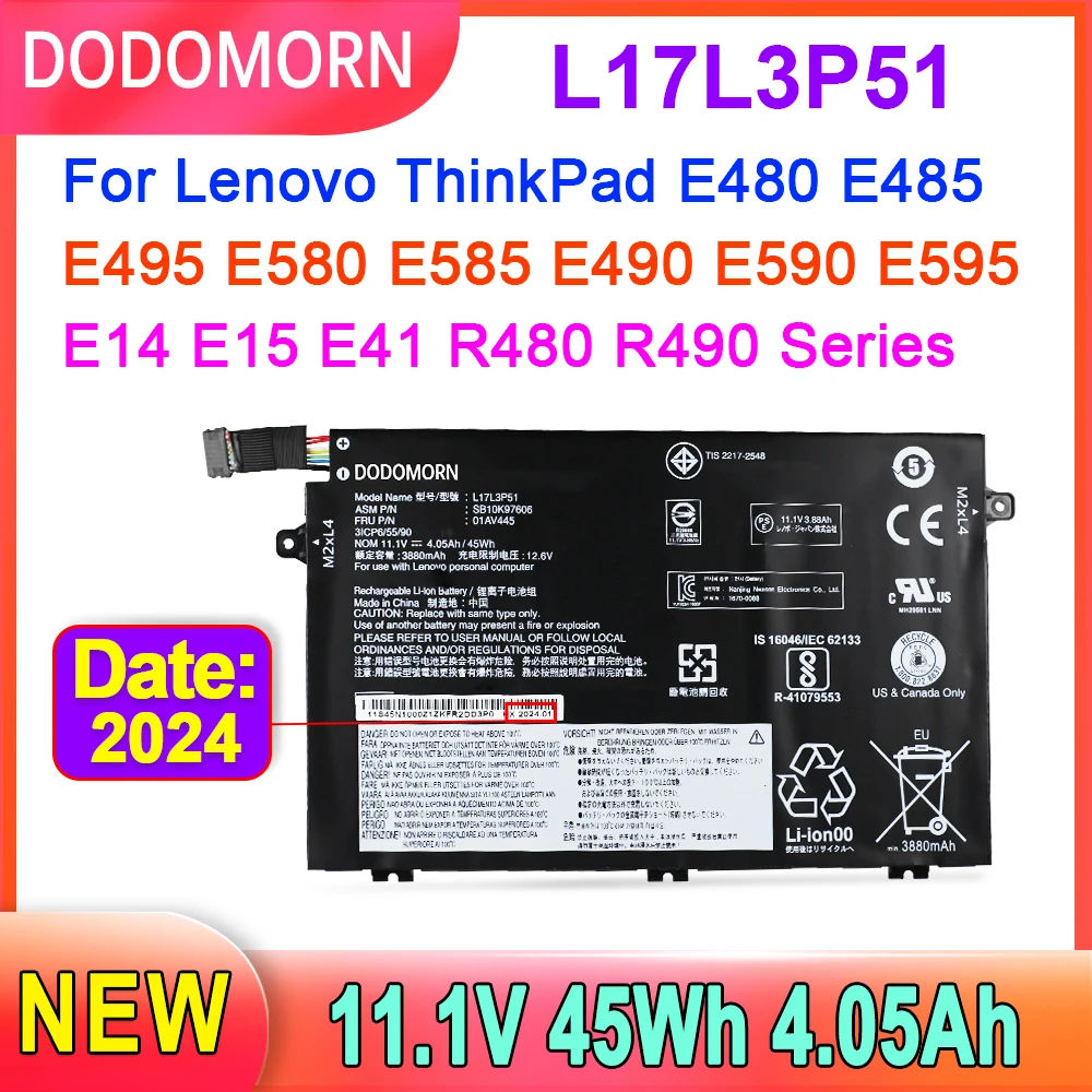 DODOMORN L17L3P51 Laptop Battery For Lenovo ThinkPad E15 E480 E490 E495 E580 E585 E590 E595 Series 01AV445 L17M3P52 SB10K79606