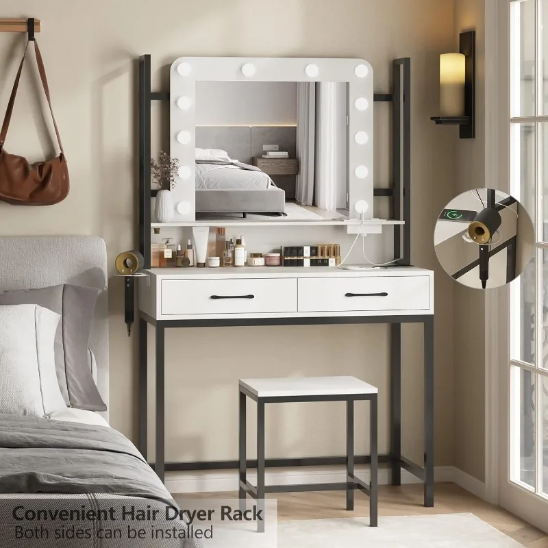Makeup Vanity Table with Lighted Mirror & Power Outlet,2 Drawer,35" Makeup Desk Dressing Table,3 Lighting Modes