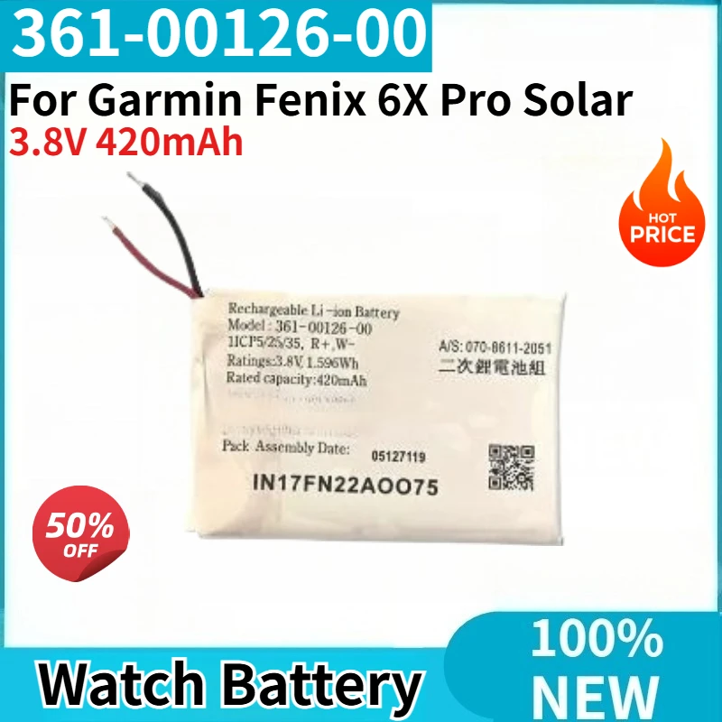 

361-00126-00 High Quality Watch Battery 3.8V 420mAh for Garmin Fenix 6X Pro Solar Brand New Replacement Battery