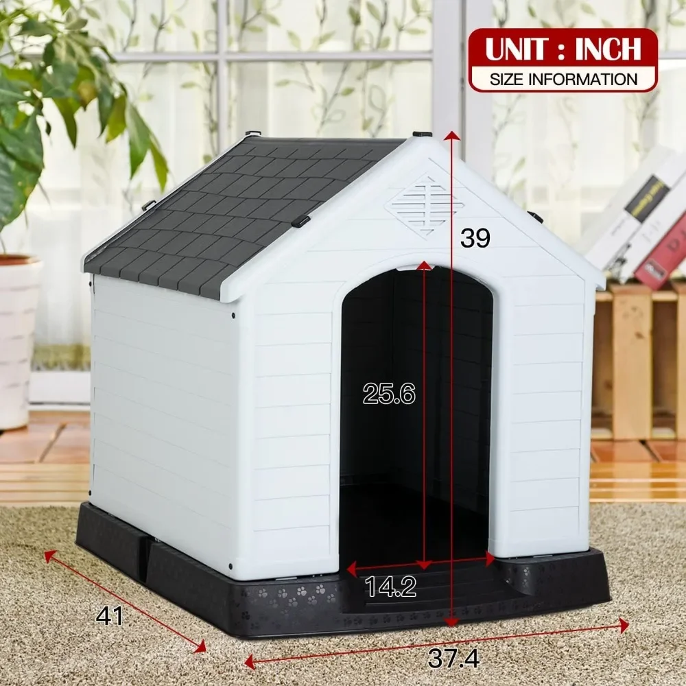 Durable Plastic Outdoor Dog House, Weather & Water Resistant with Air Vents and Elevated Floor