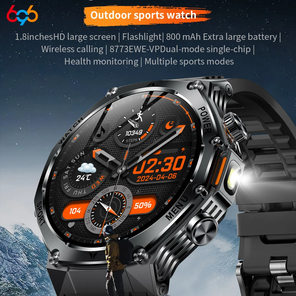 Fashion Outdoor Sports Watches Flashlight Waterproof Heart Rate Health Blue Tooth Call Smartwatch Voice Assistant Smart Watch