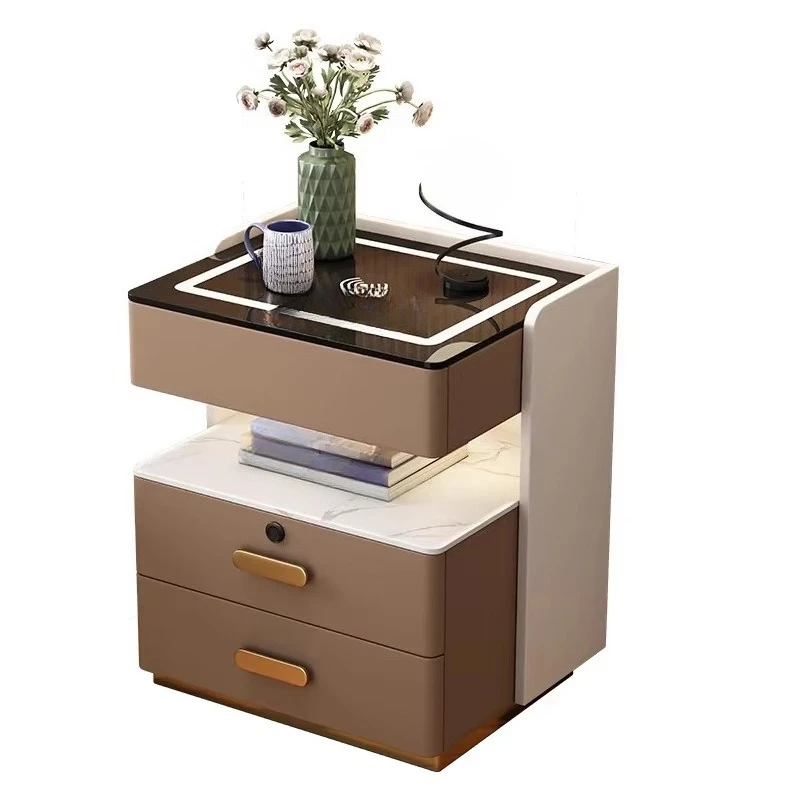 Modern simple and light luxury smart wood bedside table with wireless charging and storage functions