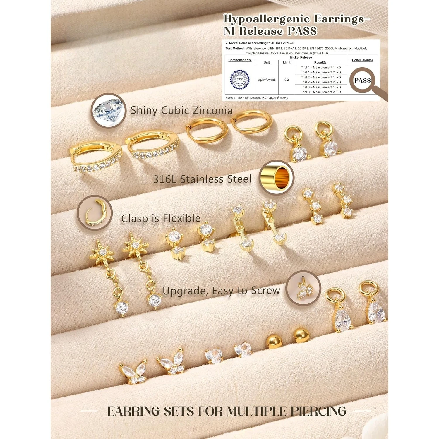 ORAZIO Hypoallergenic Flat Back Steel Set Gold Tone Cartilage Helix Tragus Piercing Sensitive Ears Women Trendy Jewelry Gift