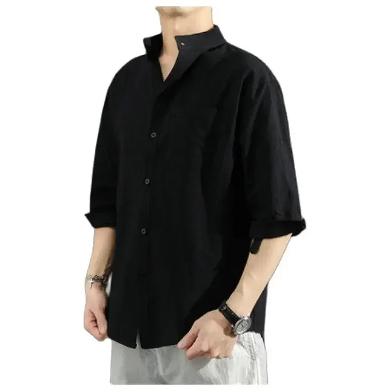 Solid Colors Long Sleeve Shirts Chinese Style Wear Stand Collar Loose 100% Cotton White Black Shirt Short Sleeve Shirt M-5Xl