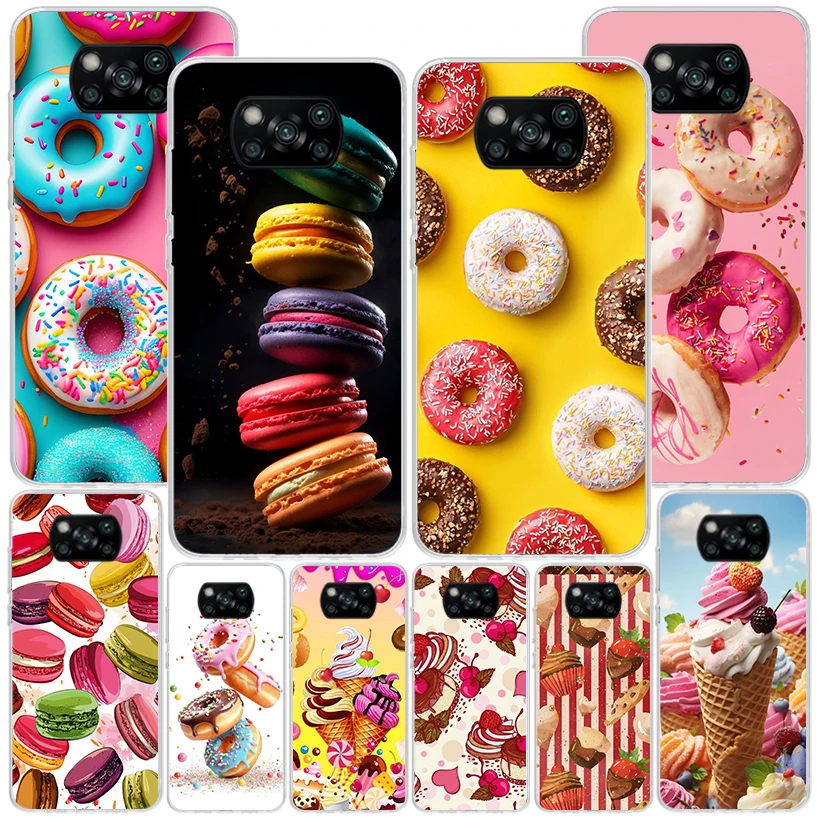 Macaron Ice Cream Cake Doughnut Phone Case For Xiaomi Poco X6 X5 X4 X3 Pro F6 F5 F4 Gt F3 F2 F1 M5S M5 M4 M3 M2 Nfc Soft Cover S