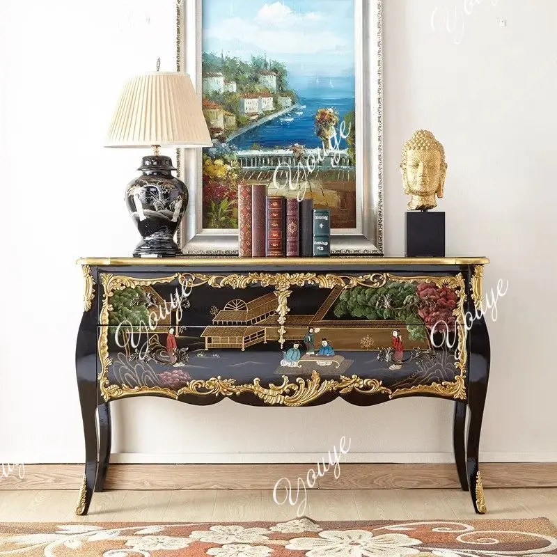 

European solid wood porch cabinet retro palace three-dimensional flower painted French bedroom storage cabinet decorative cabine